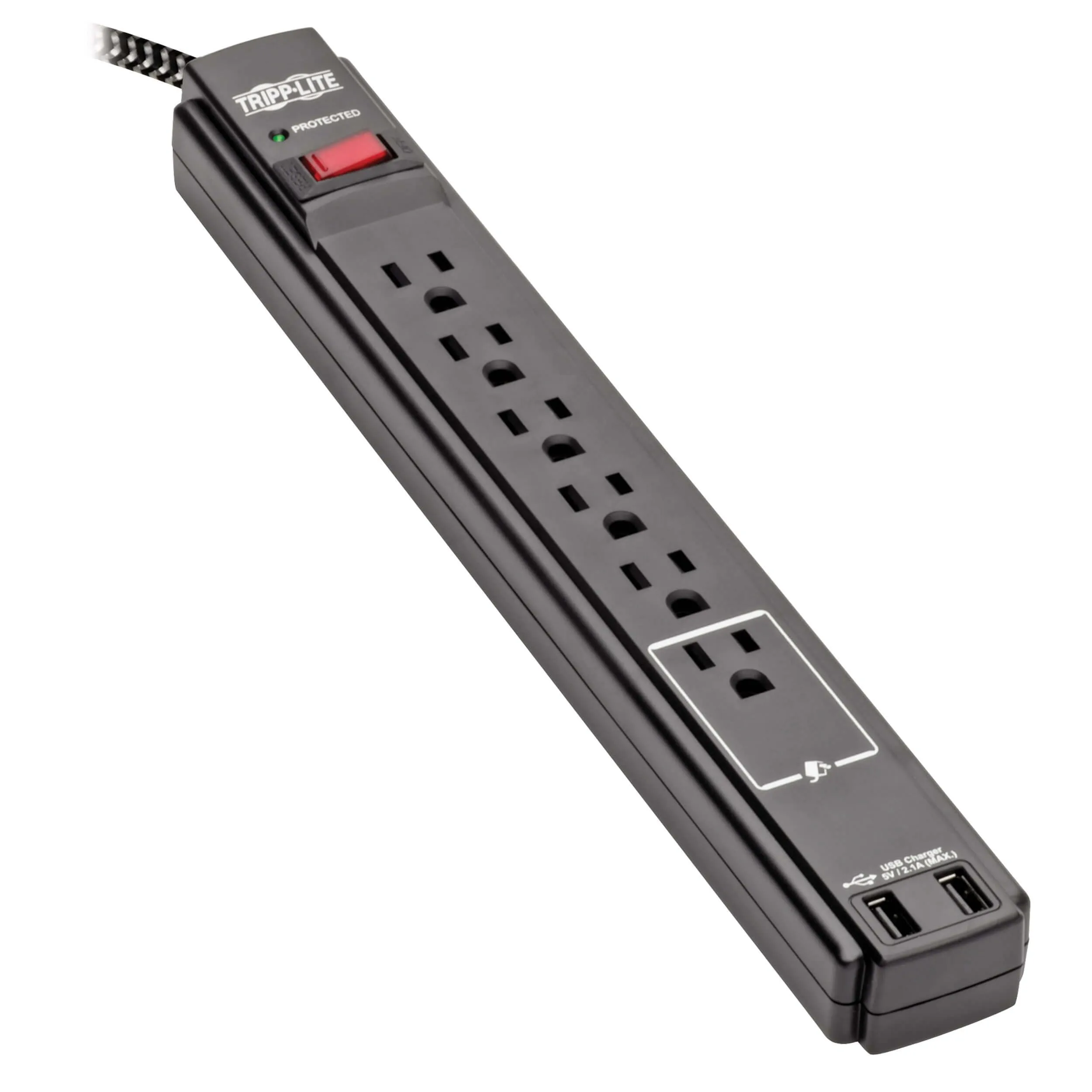 Tripp Lite Surge Protector Power Strip with USB, 6-Outlet & 2 USB Ports, 10ft Braided Cord, 990 Joules (TLP610BUAM)