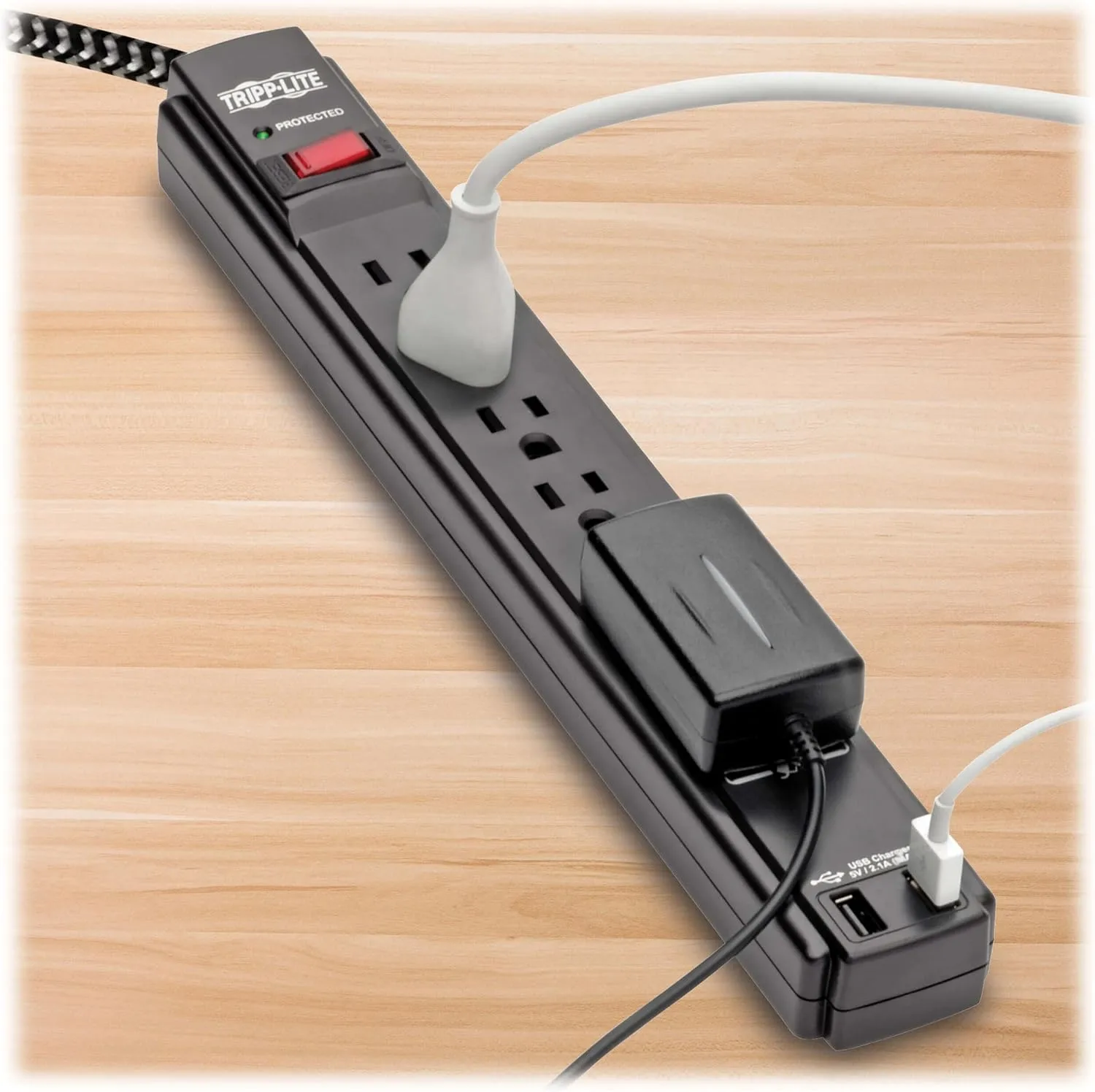 Tripp Lite Surge Protector Power Strip with USB, 6-Outlet & 2 USB Ports, 10ft Braided Cord, 990 Joules (TLP610BUAM)