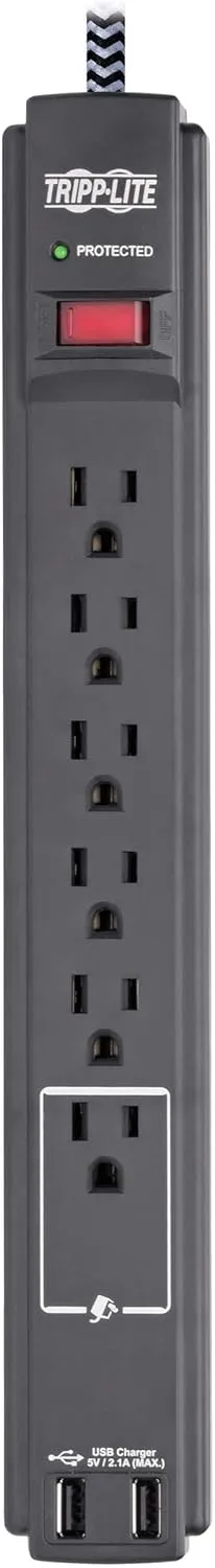 Tripp Lite Surge Protector Power Strip with USB, 6-Outlet & 2 USB Ports, 10ft Braided Cord, 990 Joules (TLP610BUAM)