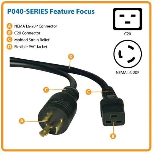 Tripp Lite Heavy-Duty Power Cord for PDU and UPS 20A, 12AWG (IEC-320-C19 to NEMA L6-20P) 6-ft.(P040-006) Black