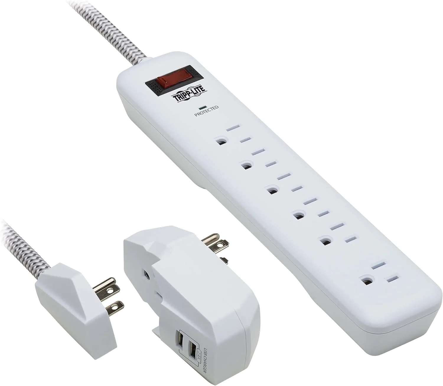 Tripp Lite Surge Protector Power Strip 7-Outlet with 2 USB Ports 6ft Cord White (TLP616USB)