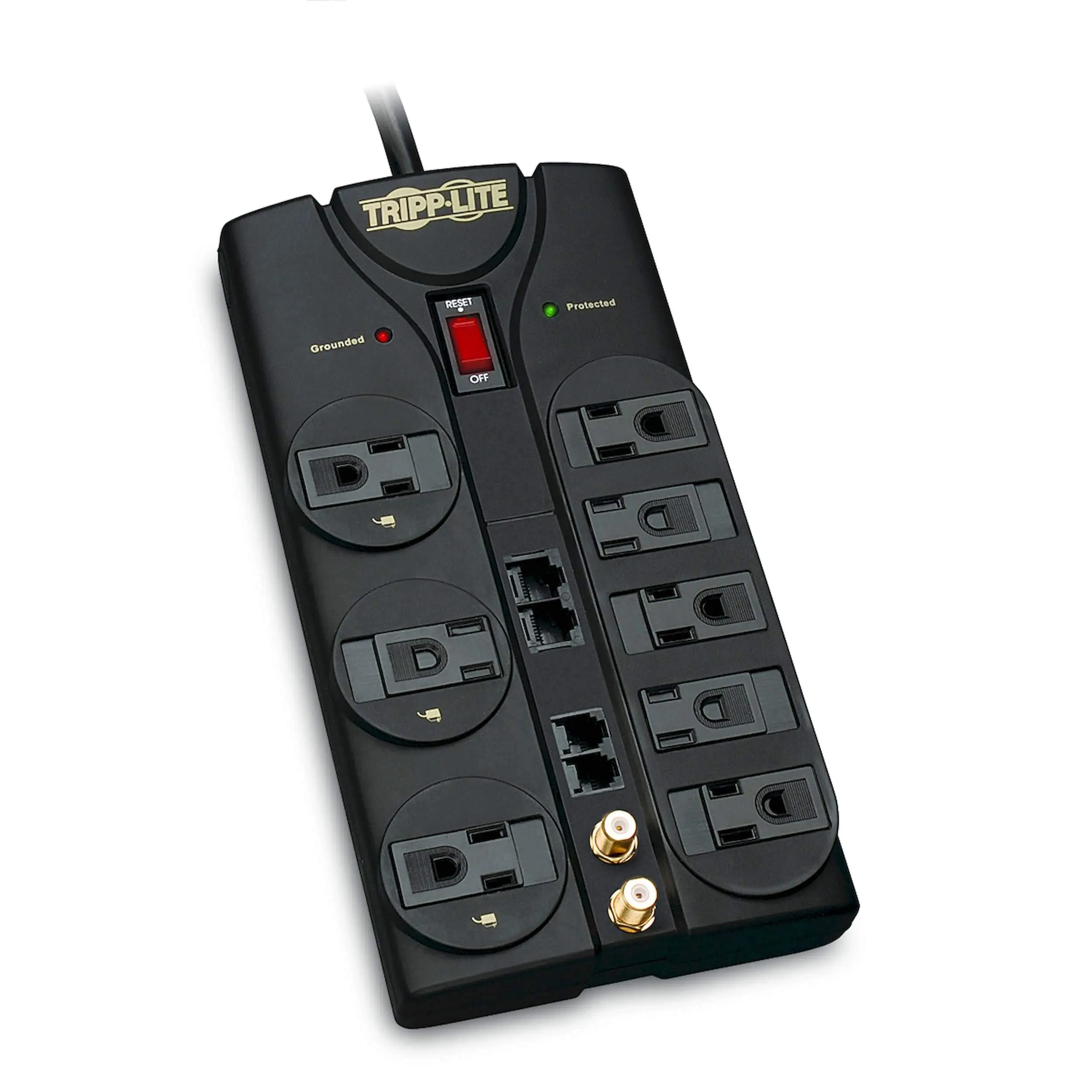 Tripp Lite 8 Outlet Surge Protector Power Strip, 10ft Cord, Right-Angle Plug, Tel/Modem/Coax/Ethernet Protection, RJ11, RJ45