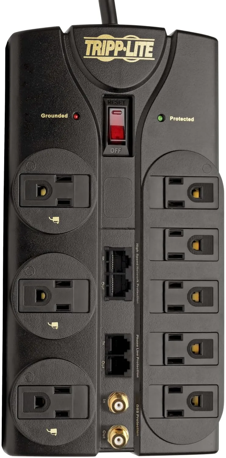 Tripp Lite 8 Outlet Surge Protector Power Strip, 10ft Cord, Right-Angle Plug, Tel/Modem/Coax/Ethernet Protection, RJ11, RJ45