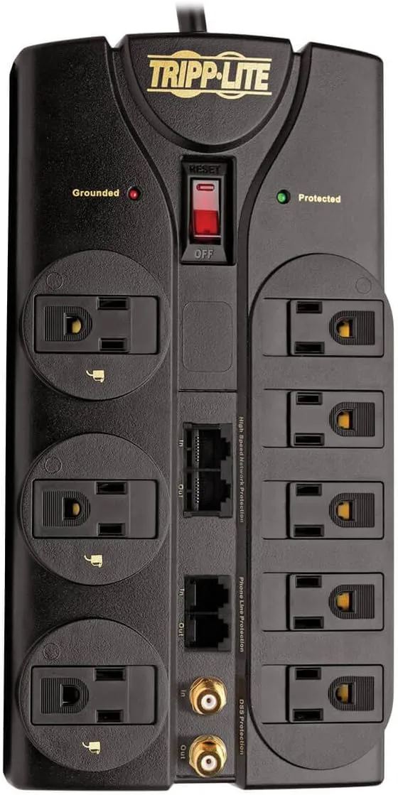 Tripp Lite 8 Outlet Surge Protector Power Strip, 10ft Cord, Right-Angle Plug, Tel/Modem/Coax/Ethernet Protection, RJ11, RJ45