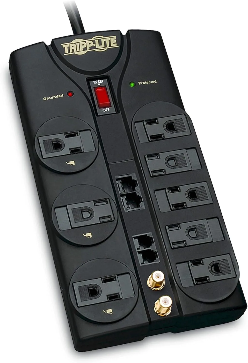 Tripp Lite 8 Outlet Surge Protector Power Strip, 10ft Cord, Right-Angle Plug, Tel/Modem/Coax/Ethernet Protection, RJ11, RJ45