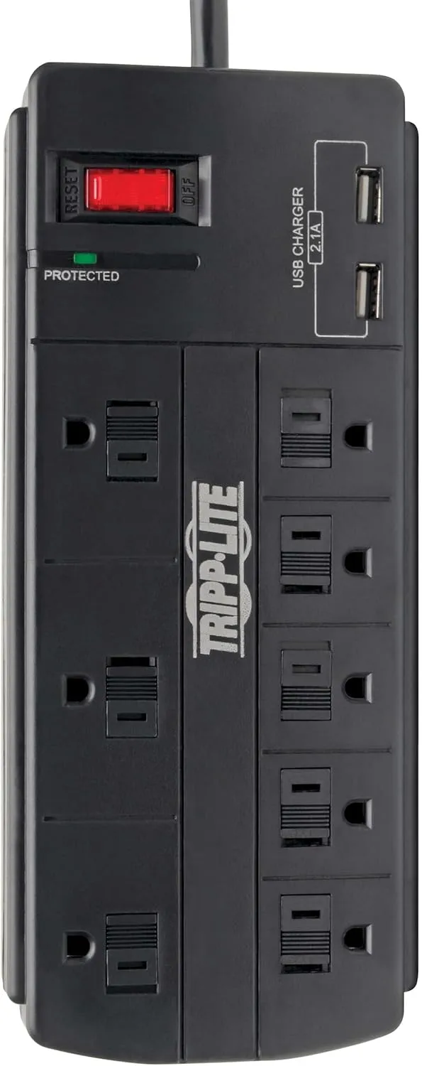 Tripp Lite Surge Protector with USB Charging, 8 Outlet Surge Protector Power Strip, 2 USB Charge Ports, 8ft Cord