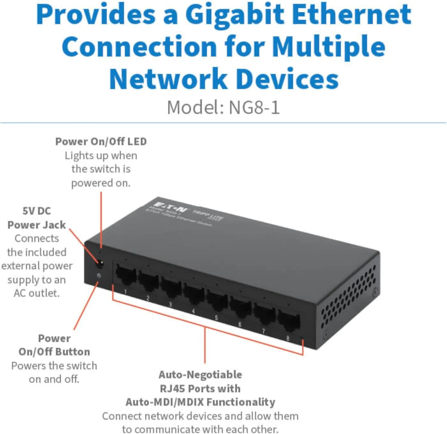 TRIPP LITE 8-Port Desktop Unmanaged Ethernet Network Switch, Metal Enclosure, Plug-and-Play, Wall Mount, 3-Year Warranty