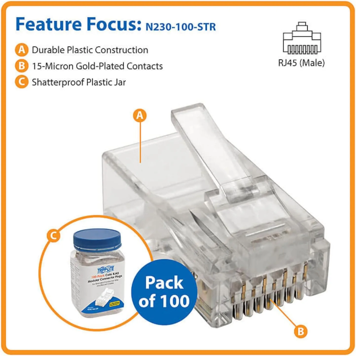 TRIPP LITE 100 Pack Cat6 RJ45 Modular Connector Plug Solid/Stranded RND (N230-100)