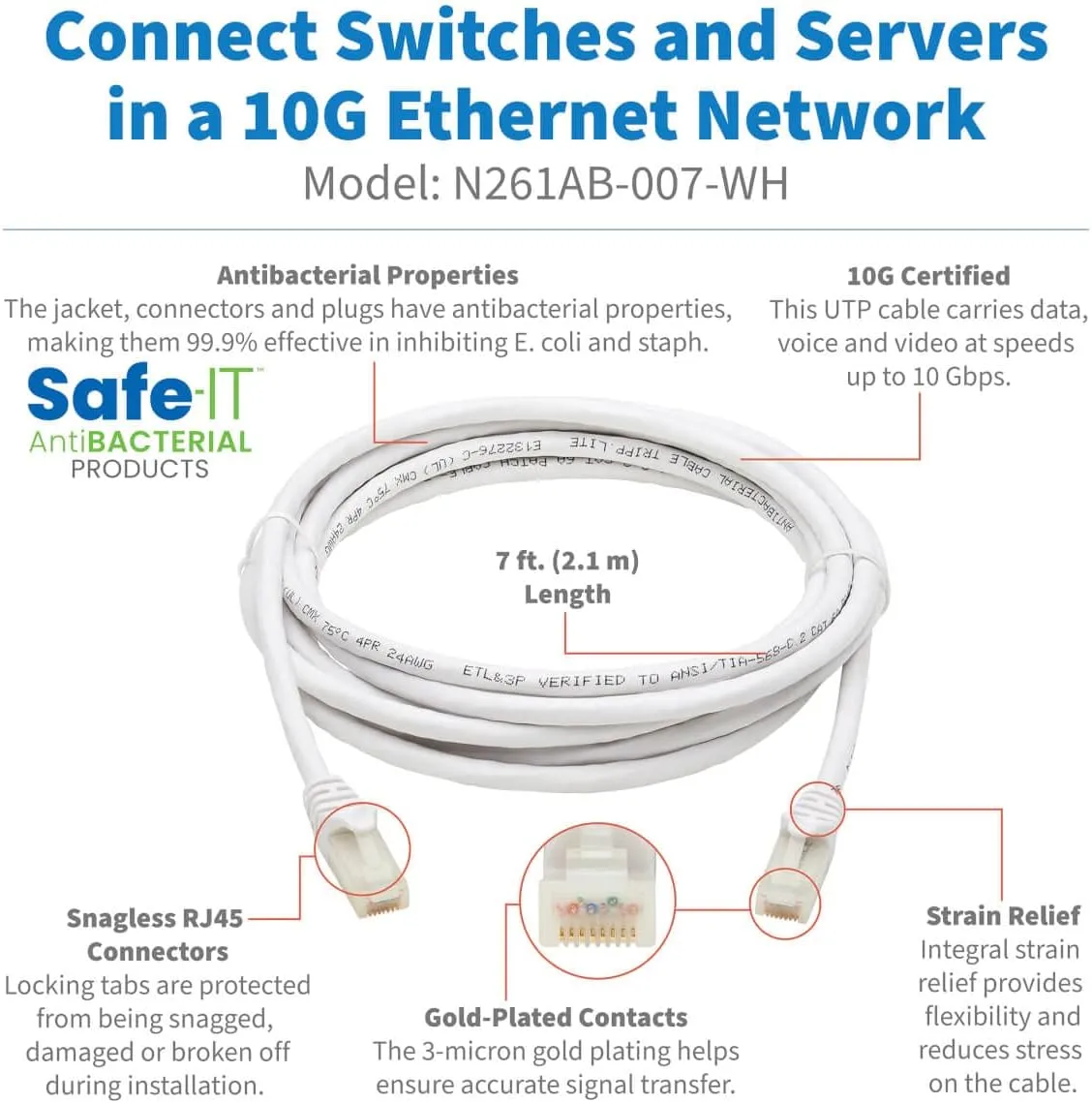 Tripp Lite, Safe-IT, Cat6a Ethernet Cable, 10G Certified Snagless, UTP (RJ45 M/M), White, 7 Feet / 2.1 Meters