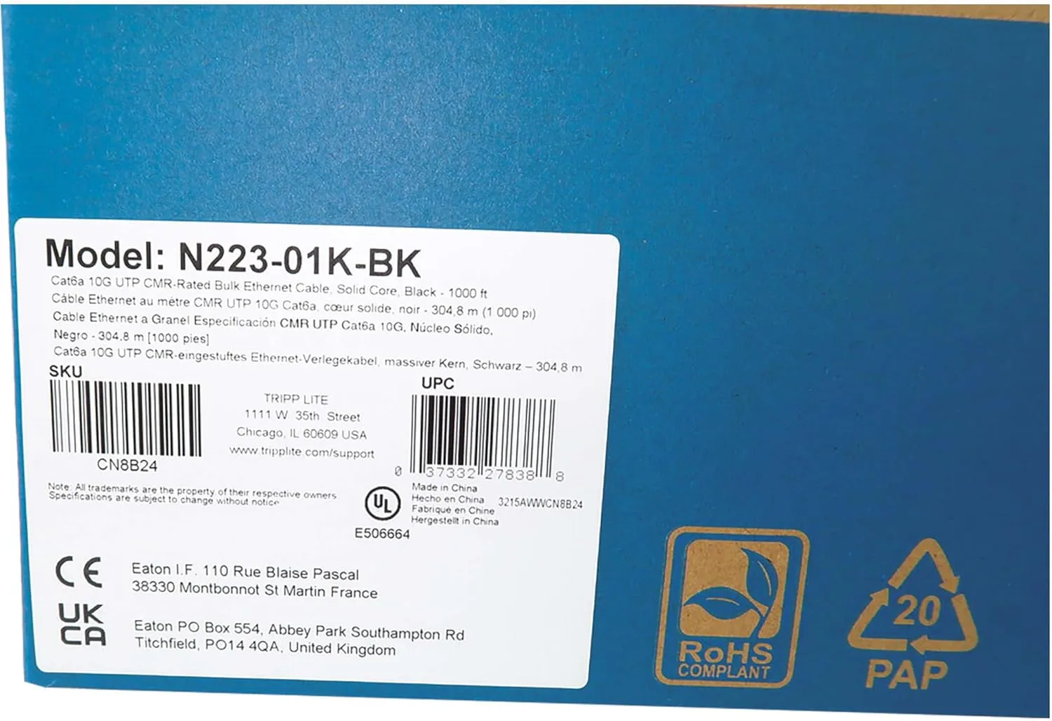EATON TRIPP LITE SERIES CAT6A 10G SOLID CORE UTP BULK ETHERNET CABLE, CMR RATED