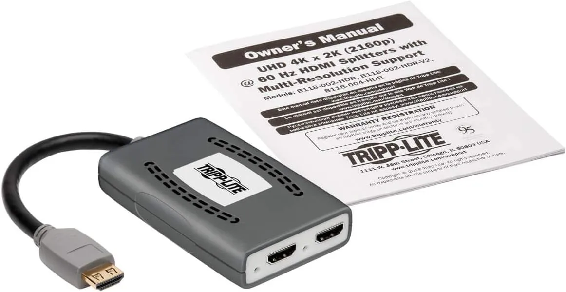 Tripp Lite HDMI Splitter, 2 Port with Built-in Cable USB Powered HDMI Splitter, 4K @ 60 Hz, 4:4:4, Multi-Resolution Support, HDR, HDCP 2.2, TAA (B118-002-HDR-V2), 15 Feet