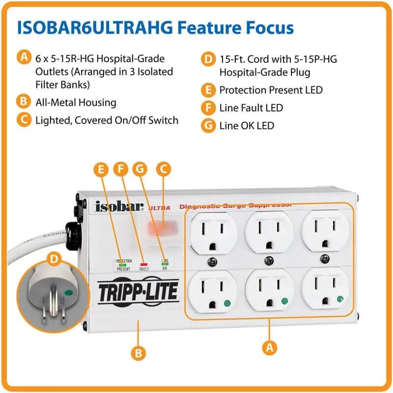 TRIPP LITE 6-Outlet Hospital-Grade Surge Protector Power Strip
