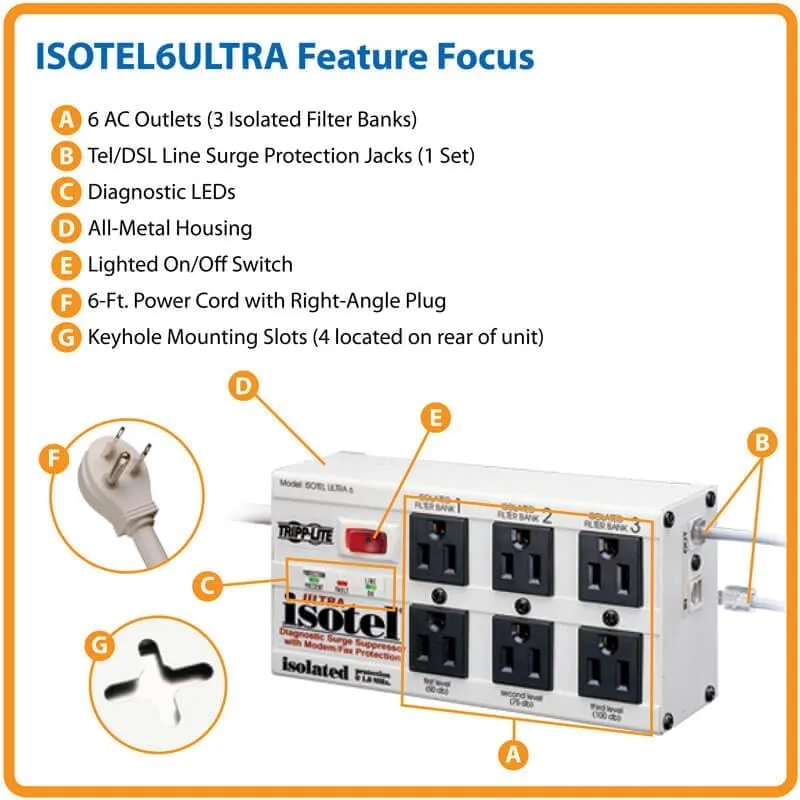 TRIPP LITE Isobar Series Surge Protector Power Strip, Metal, 3330 Joules, 6 ft Cord