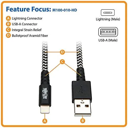 Tripp Lite Braided Lightning Cable – Lightning to USB Cable (M/Apple Certified Lightning Cable, Charge/Sync, 10 ft
