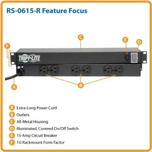 Tripp Lite RS-0615-R 6-Outlet 1U Rackmount Power Strip (Rear-Facing, 15ft Cord)