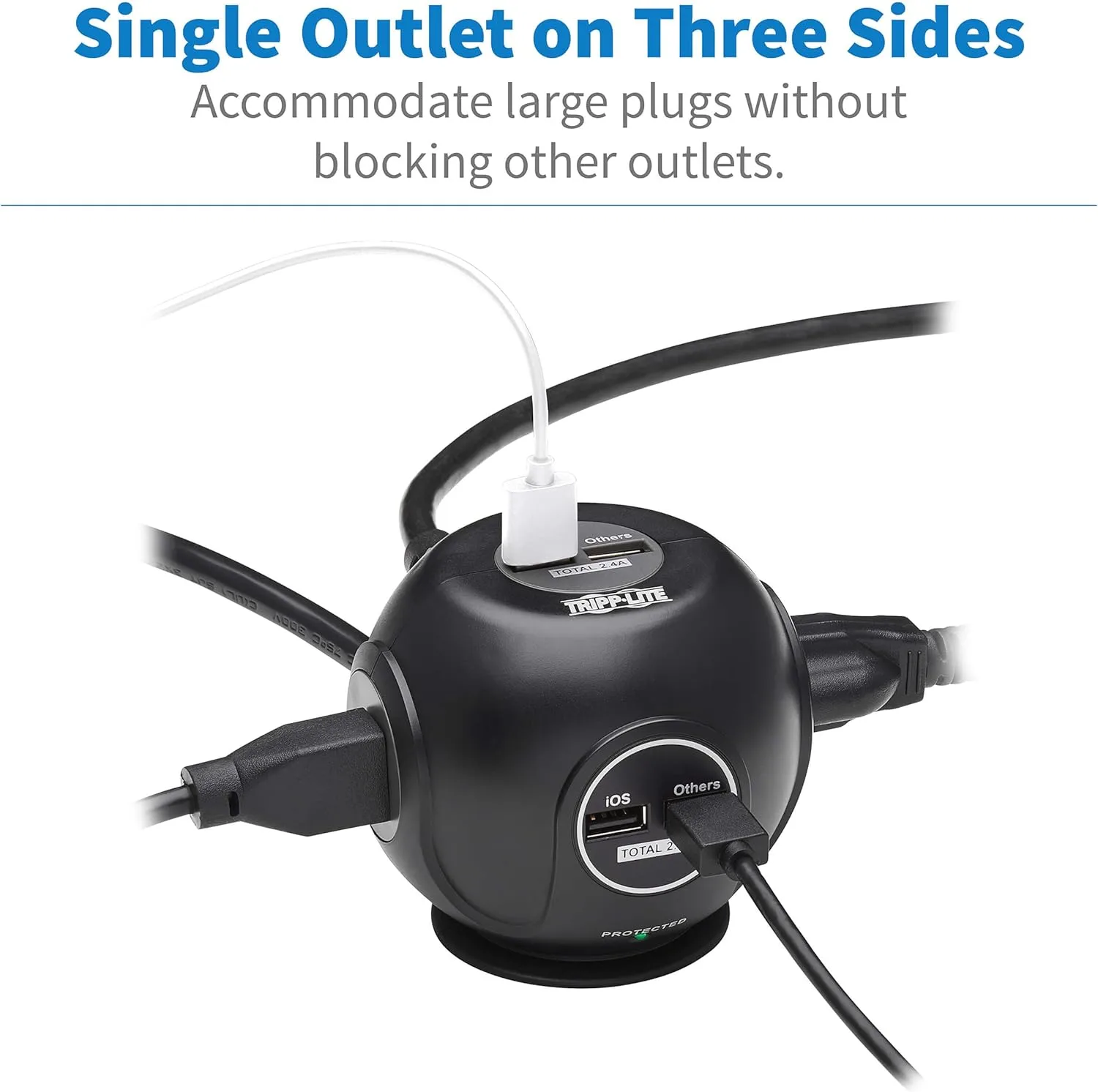 Tripp Lite Surge Protector 3-Outlet Spherical Surge Protector, 4 USB Ports (4.8A Shared) - 6-ft. (1.83 m) Cord, 5-15P Plug