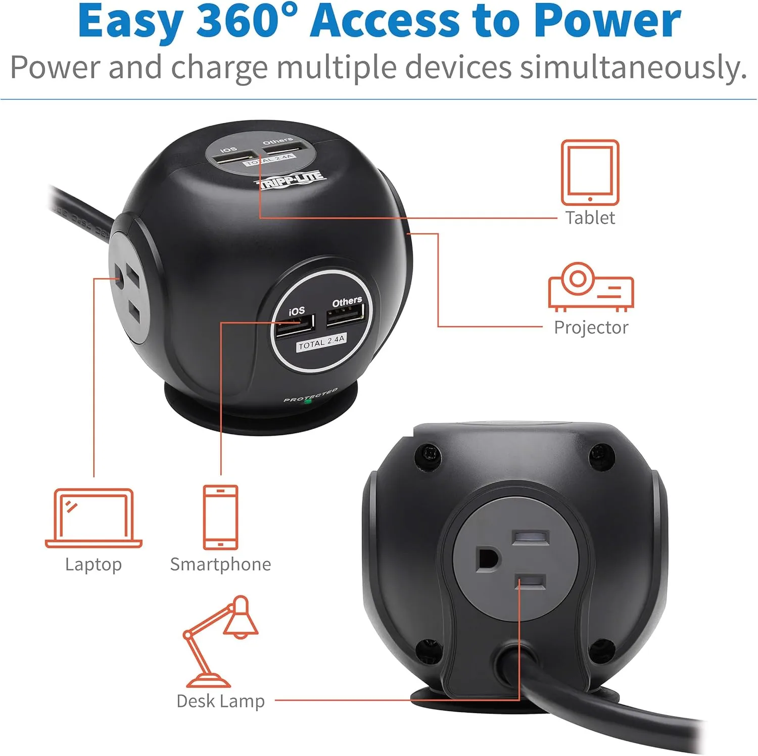Tripp Lite Surge Protector 3-Outlet Spherical Surge Protector, 4 USB Ports (4.8A Shared) - 6-ft. (1.83 m) Cord, 5-15P Plug
