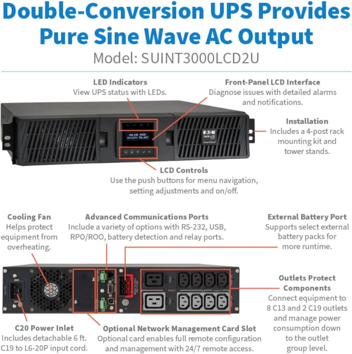 TRIPP LITE SmartOnline Double-Conversion UPS, 2U Rackmount, LCD