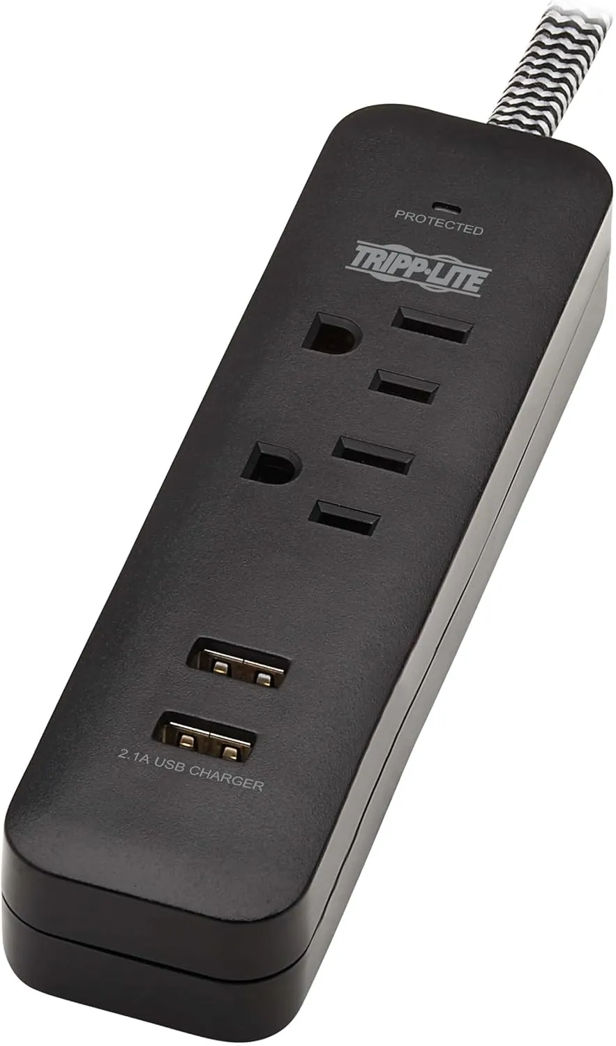 Tripp Lite Surge Protector Power Strip 2-Outlet w 2 USB Ports 2.1A 6ft Cord, 5-15P Plug, 450 Joules, Black (TLP206USB)