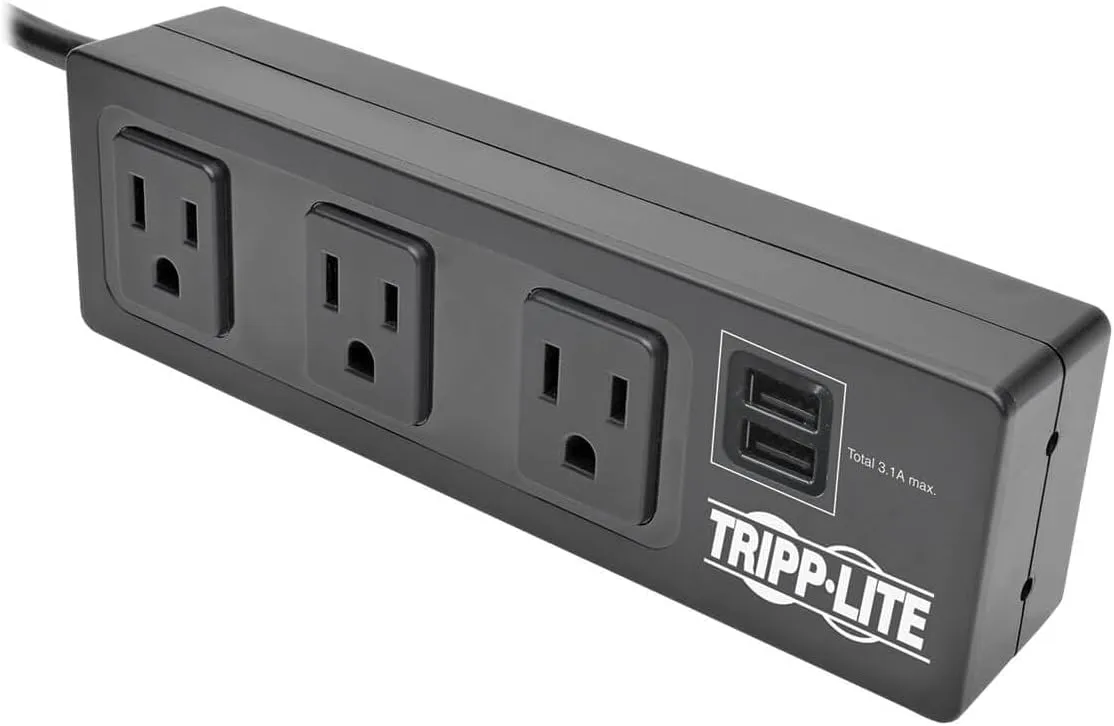 Tripp Lite 3 Outlet Surge Protector Power Strip with Mounting Brackets, 10ft Cord, 2 USB Charging Ports, & $20
