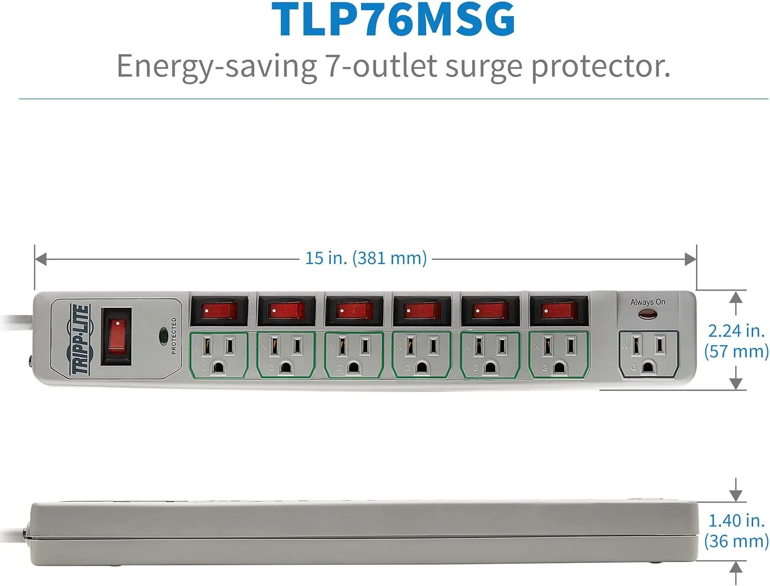 Tripp Lite TLP76MSG 7 Outlet (6 Individually Controlled) Surge Protector Power Strip, 6ft Cord