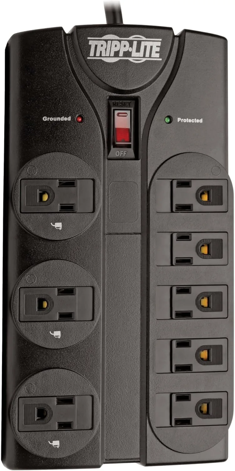 Tripp Lite TLP808B 8 Outlet Surge Protector Power Strip, 8ft Cord Right Angle Plug, Black, Lifetime Insurance