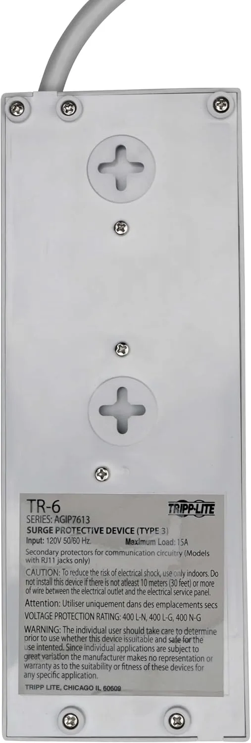 Tripp Lite 6 Outlet Surge Protector Power Strip, 6ft Cord, Right-Angle Plug, & $50,000 Insurance (TR-6) Grey