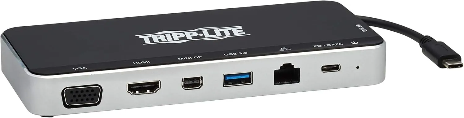 Tripp Lite USB-C Dock, 3 Monitor Display, USB Type C Hub Adds 4K HDMI, mDP, VGA, USB 3.2 Gen 1, USB-A, USB-C, GbE
