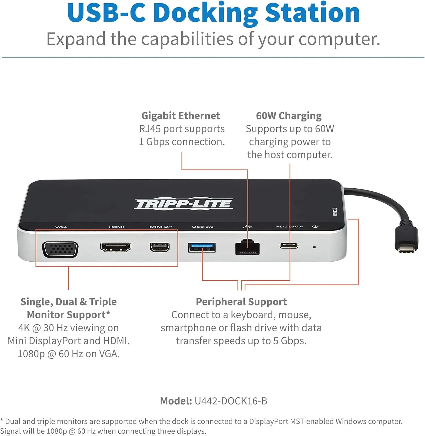 Tripp Lite USB-C Dock, 3 Monitor Display, USB Type C Hub Adds 4K HDMI, mDP, VGA, USB 3.2 Gen 1, USB-A, USB-C, GbE