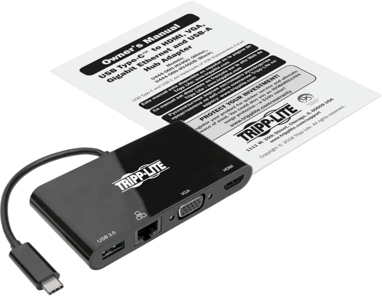Tripp Lite USB-C Hub with 4K HDMI, 1080P VGA, Gigabit Ethernet, USB-A 3.0, Thunderbolt 3, DisplayPort Alt Mode, 5 Gbps