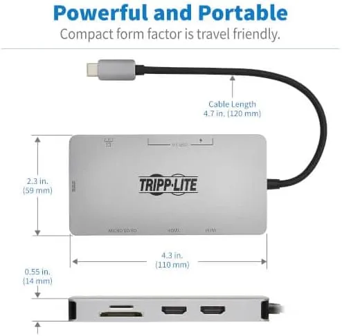 Tripp Lite USB-C Two-Monitor HDMI Laptop/Phone Docking Station, 4K @ 60 Hz (4:4:4), USB-A Hub, Gigabit Network Port