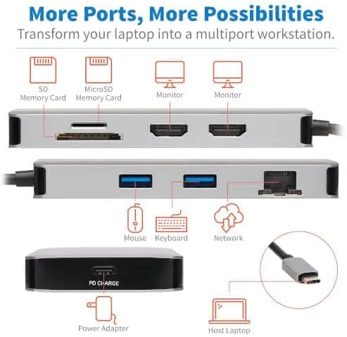 Tripp Lite USB-C Two-Monitor HDMI Laptop/Phone Docking Station, 4K @ 60 Hz (4:4:4), USB-A Hub, Gigabit Network Port