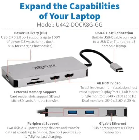 Tripp Lite USB-C Two-Monitor HDMI Laptop/Phone Docking Station, 4K @ 60 Hz (4:4:4), USB-A Hub, Gigabit Network Port