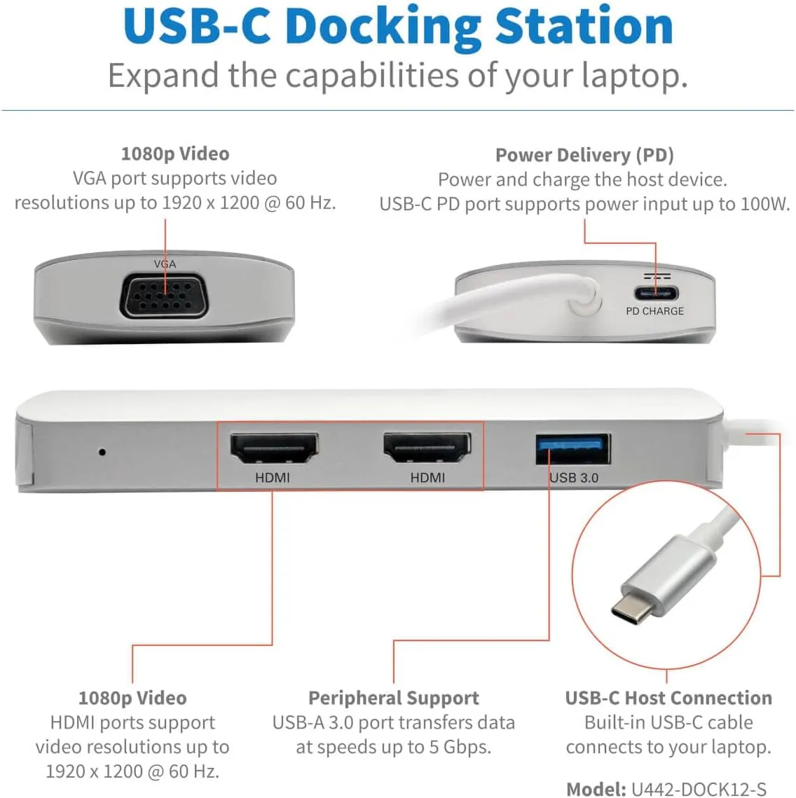 Tripp Lite USB C Docking Station w/ USB-A Hub, x2 HDMI, PD Charging 1080p @ 60Hz, Portable