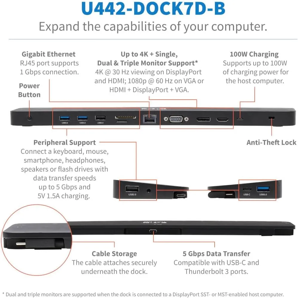Tripp Lite USB-C Docking Station with Triple Display, 4K HDMI @ 30 Hz, DisplayPort, VGA, USB-A 3.2 Gen 1