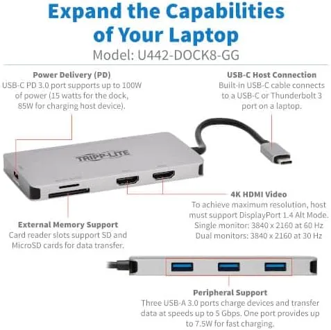 Tripp Lite USB-C Two-Monitor HDMI Laptop/Smart Phone Docking Station, 4K @ 60 Hz (4:4:4), USB-A Hub