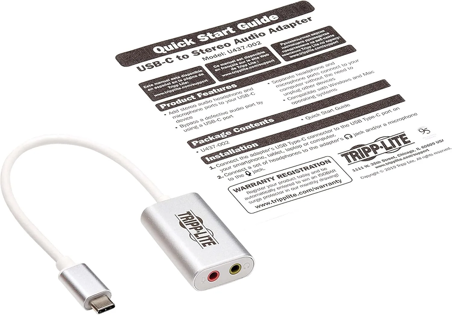 Tripp Lite USB C to 3.5mm Stero Audio Adapter for Microphone Headphones, Silver (U437-002)