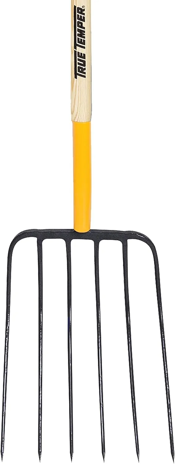 True Temper 6-Tine Steel Manure Fork Pitchfork with Hardwood Handle, 48 in., for Transferring Manure