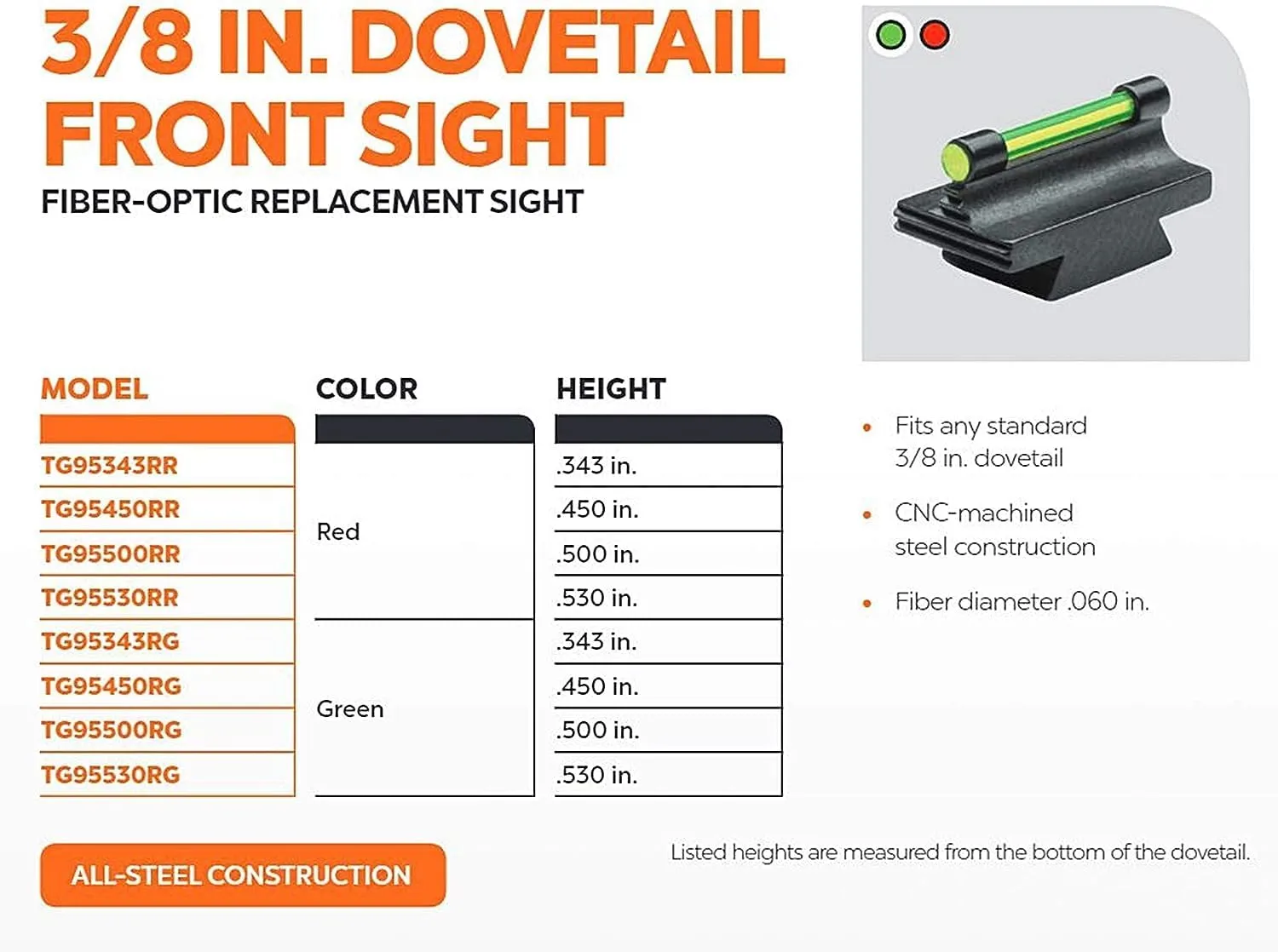 TRUGLO 3/8-Inch Dovetail Front Sight Replacement Fiber Optic Ramp Sight