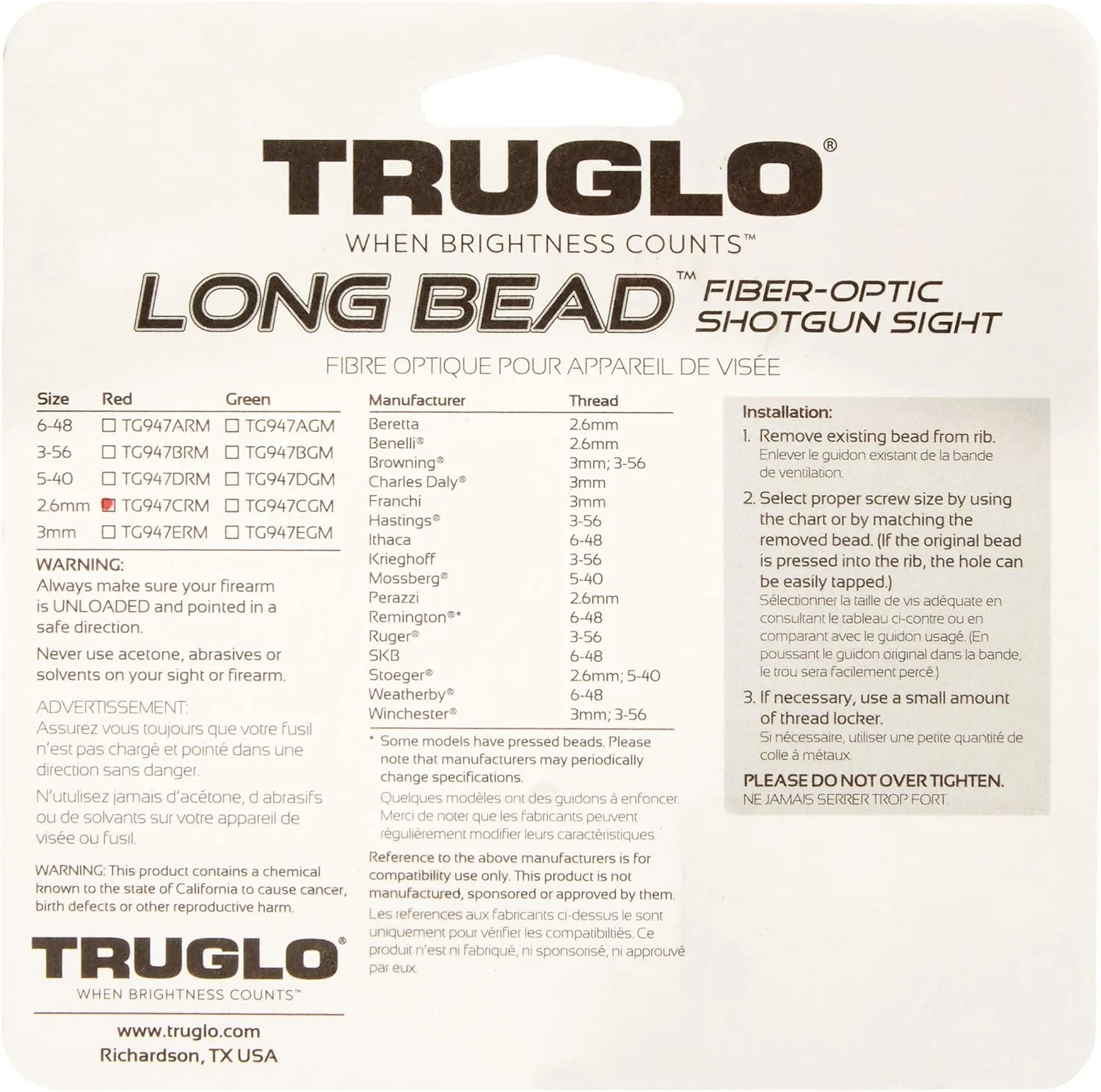 TRUGLO Long Bead Fiber Optic Sight 2.6mm Red