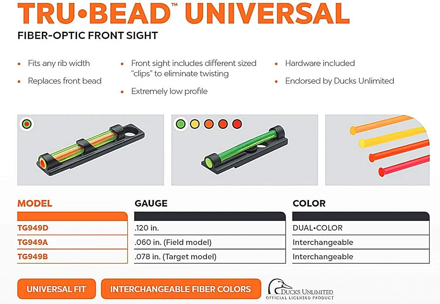 TRUGLO Tru-Bead Fiber Optic Front Sight Universal Fit for Shotgun Vent Rib, Dual Color, Interchangeable Clips