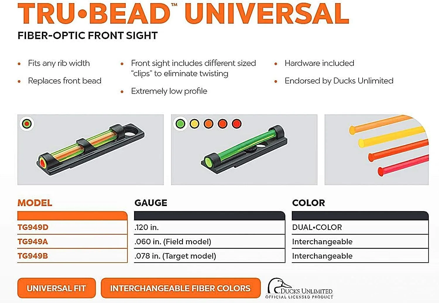 TRUGLO Tru-Bead Fiber Optic Front Sight Universal Fit for Shotgun Vent Rib, Dual Color, Interchangeable Clips