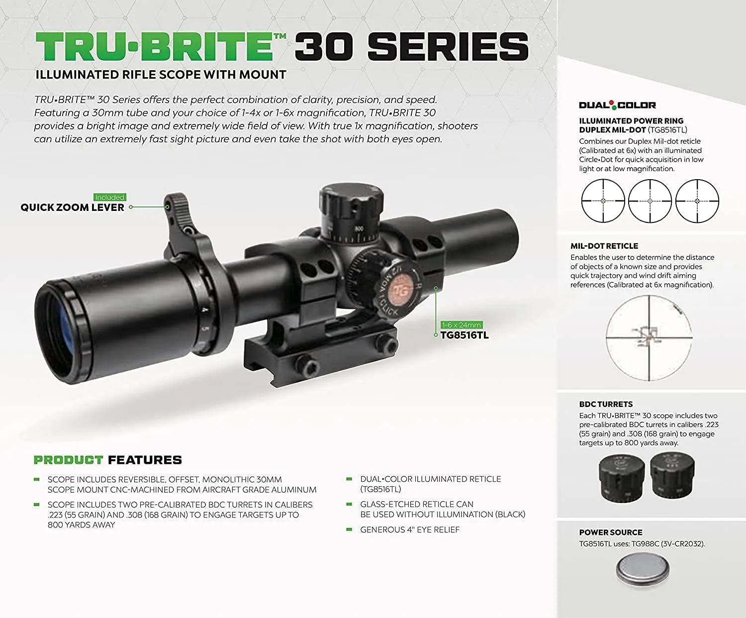 TRUGLO TRU-BRITE 30 Series Dual-Color Illuminated Reticle Rifle Scope with Mount
