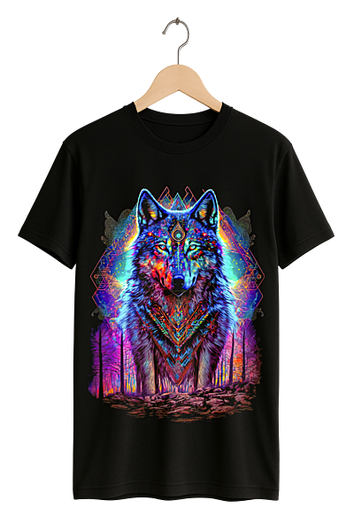 Mystical Cosmic Wolf Print Womens Black T-Shirt