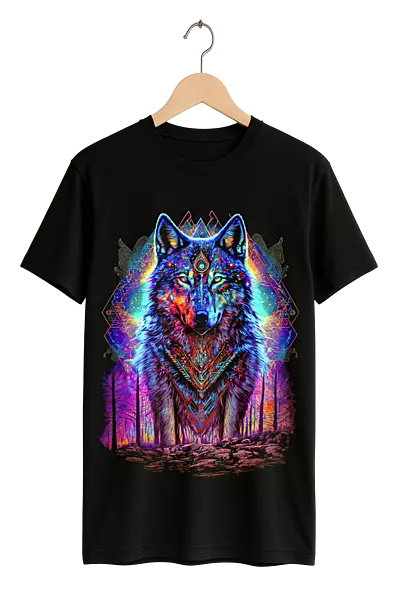 Mystical Cosmic Wolf Print Womens Black T-Shirt