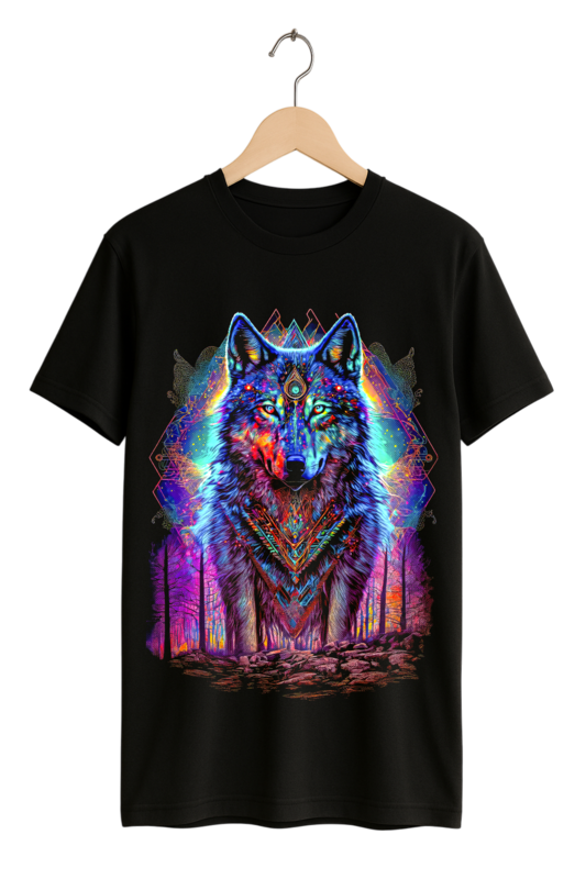 Mystical Cosmic Wolf Print Womens Black T-Shirt