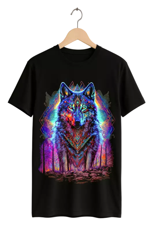 Mystical Cosmic Wolf Print Womens Black T-Shirt