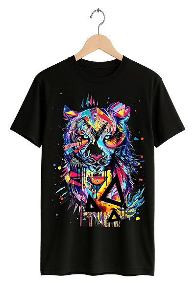 Vibrant Abstract Tiger Print Womens Black T-Shirt