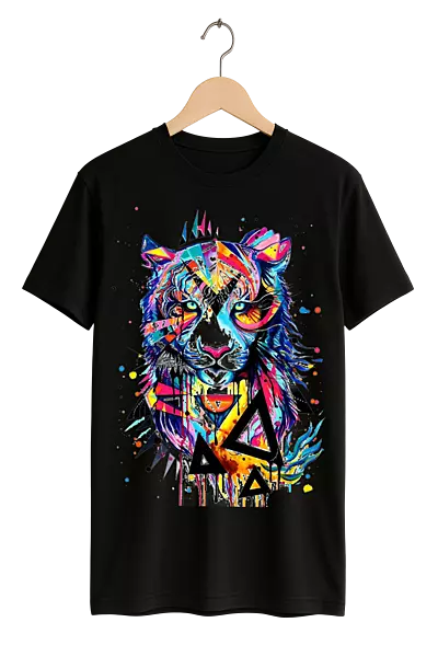Vibrant Abstract Tiger Print Womens Black T-Shirt