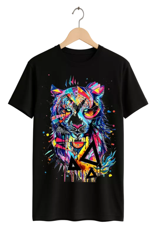 Vibrant Abstract Tiger Print Womens Black T-Shirt